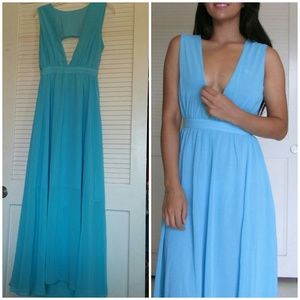 Blue Deep V Neck Midriff Maxi Dress