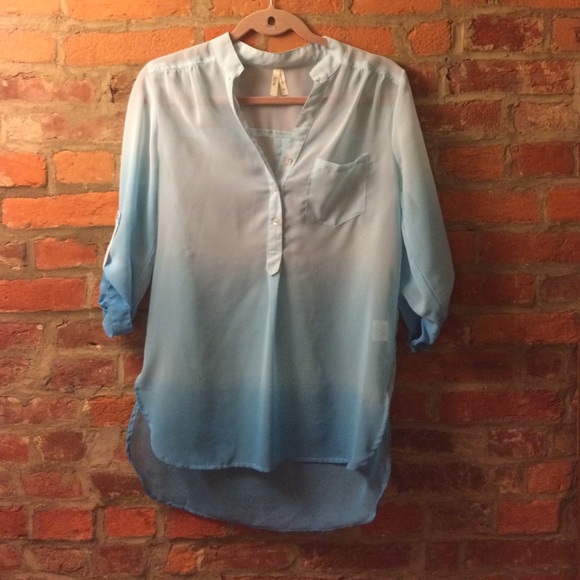 Truth  Tops - Ombré turquoise roll sleeve blouse