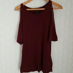 Maroon, loose fitting,  shoulder-less top