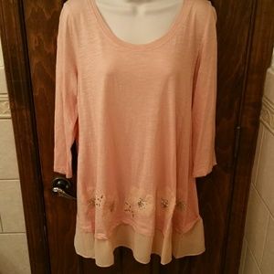 Long light peach blouse with flower print. 2for10