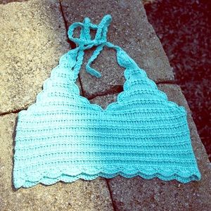 Teal Knit Crochet Halter Crop Top