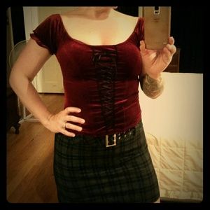 Vintage Crimson Lace - up Peasant Blouse