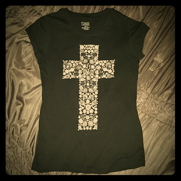 Black Tshirt with Silver print cross
