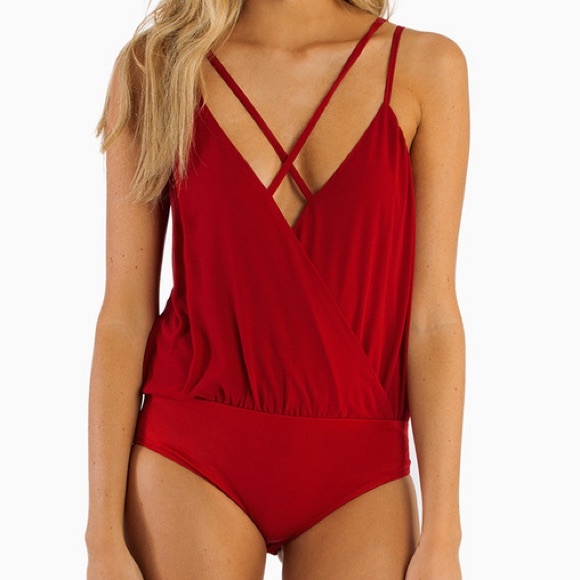 Tobi red cross front plunge leotard bodysuit