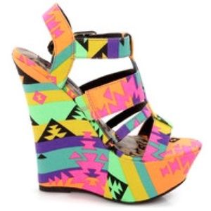 NWOT Electric Black Multi Neon Wedges