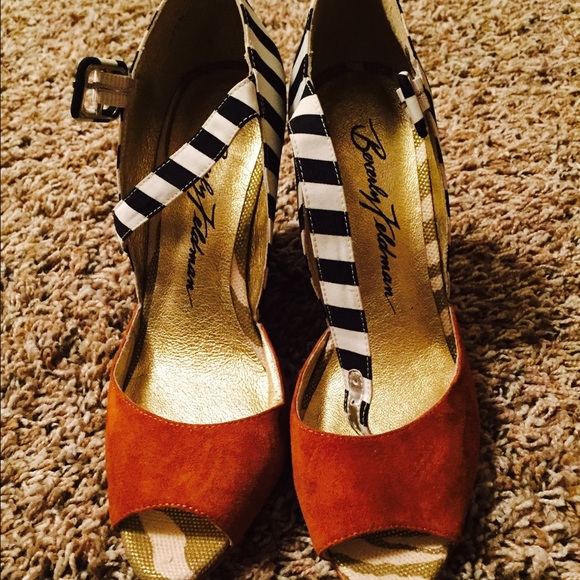 Beverly Feldman Shoes - NWOT Suede and stripe patterned peep toe heels