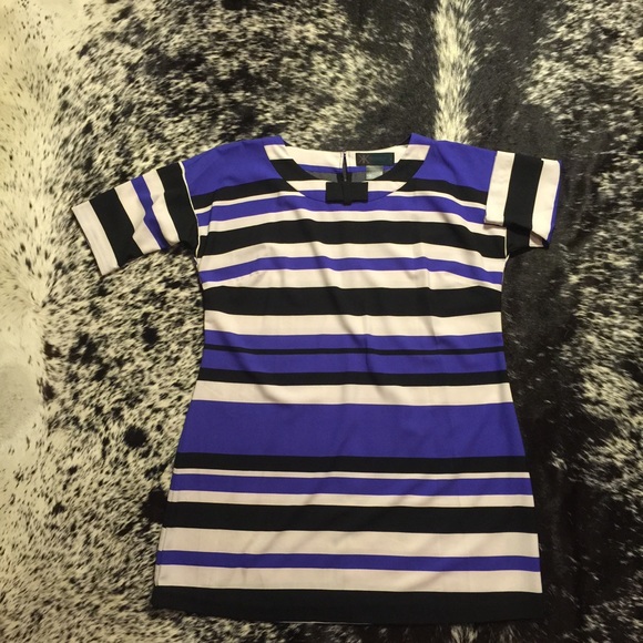 Cobalt Blue Black Striped Dress with Bow Detail