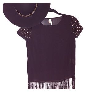 Shirt with Gold Studded Shoulder and Fringe Bottom