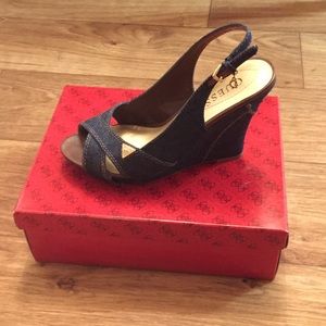 Denim wedge with gold buckle and badging