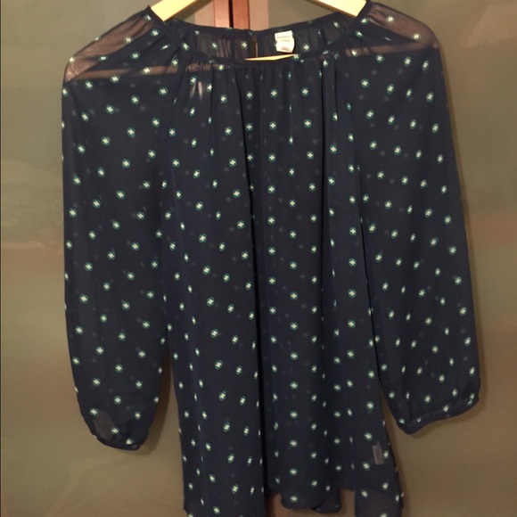 Sheer dark blue blouse with green & white accents