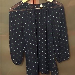 Sheer dark blue blouse with green & white accents