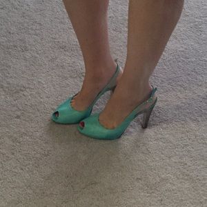 Teal Ferragamo slingback heels. Worn once!