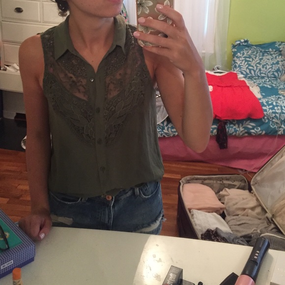 Army green lace detail tank