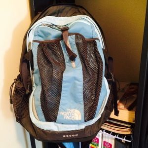 Baby blue and Gray North Face backpack