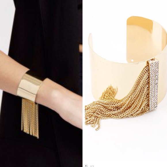 Jewelry - Gold Tone Rhinestone Embellished Chain Fringe Cuff