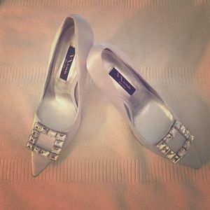 Silver satin Nina jewel pumps
