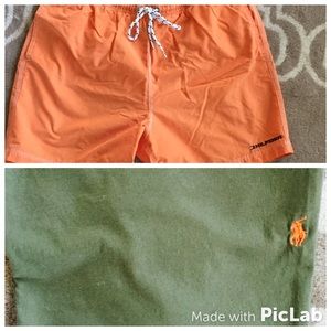 Orange swim shorts and green tee