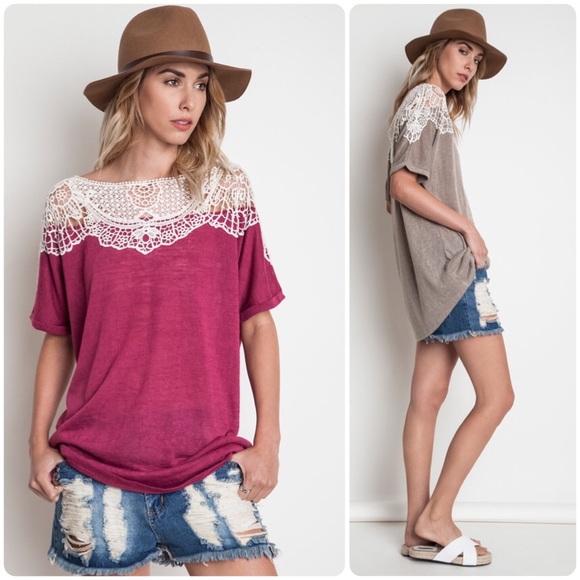 🆑 LAST 1! SMALL Magenta Patched Lace Sweater Tee - Picture 2 of 4