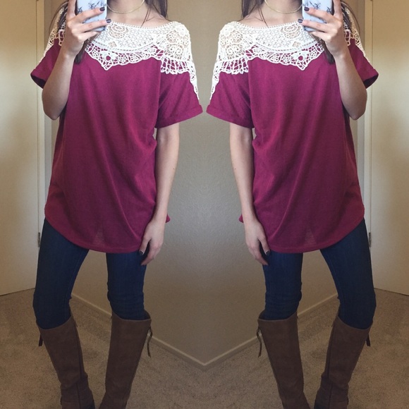 🆑 LAST 1! SMALL Magenta Patched Lace Sweater Tee - Picture 4 of 4