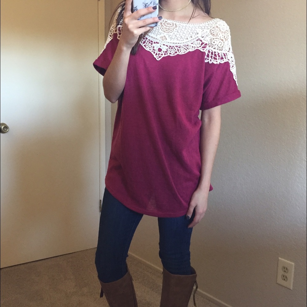 🆑 1 LEFT! Mocha Patched Lace Sweater Tee - Picture 4 of 4