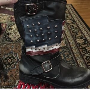 Black faux leather flag spike boots