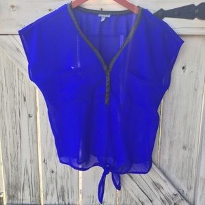 Faux Leather Trim Cobalt Blouse