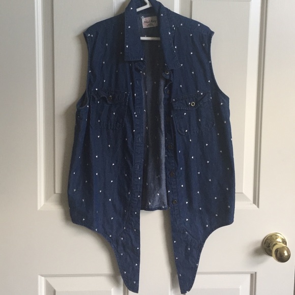Blue Jean Button Up Tie Shirt w/Heart Polka Dots