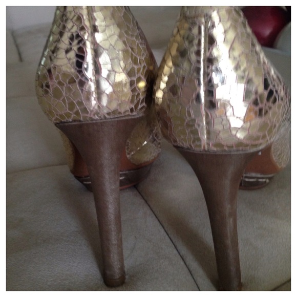 Staccato Champagne Sequin Peep Toe Stacked High Heel Pumps  Staccato Metallic Platform Pump