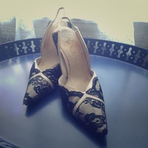Nina black lace & cream sling back heels