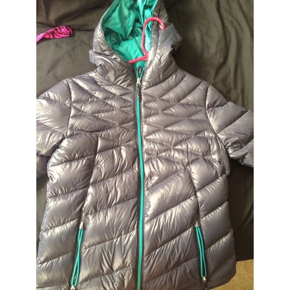 Feather teal and gray rain jacket