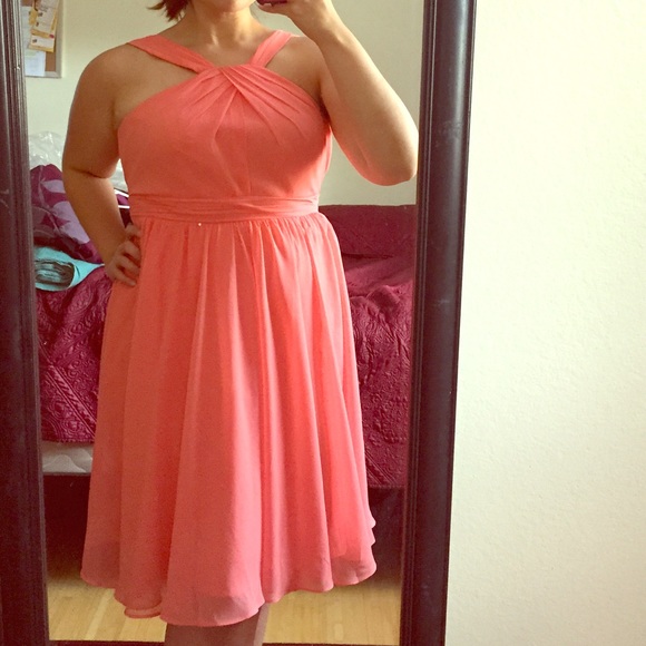 Coral mid length bridal dress