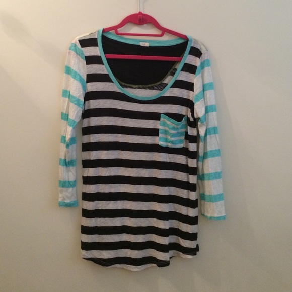 Anthropologie black, turquoise & white striped tee
