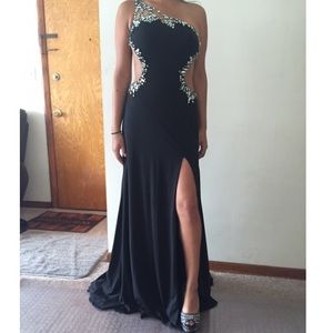Black prom dress with silver and blue sequins