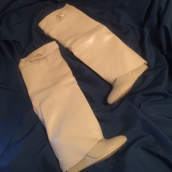 Shoes - Vegan Leather Cream Wedge Knee Boots