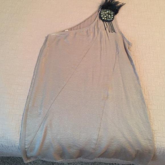 One shoulder dress with feather embellishments!