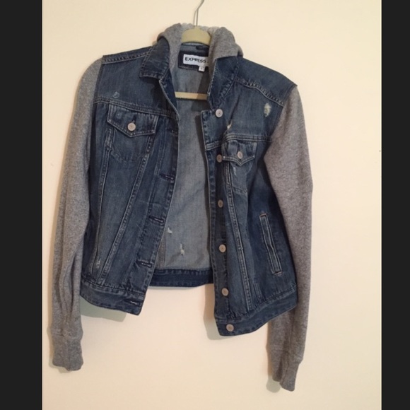 Dark denim jacket with jersey sleeves