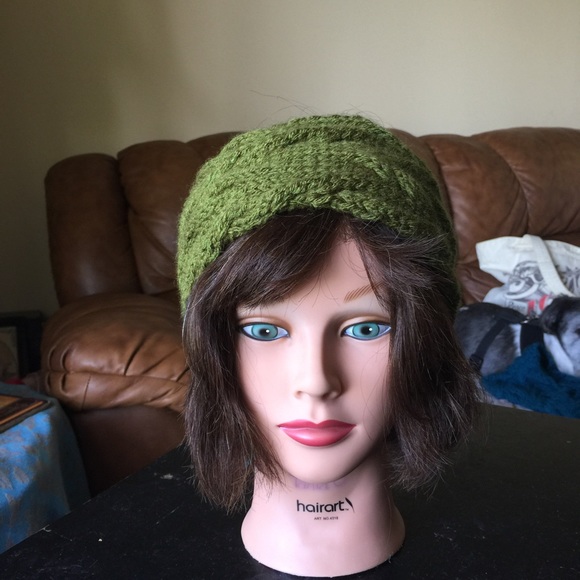 Handmade knit headband in olive green
