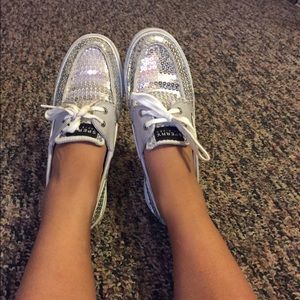 Silver sequin sperrys! Fits a size 8