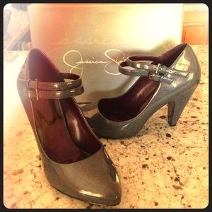 Jessica Simpson Mary Janes, gray patent leather