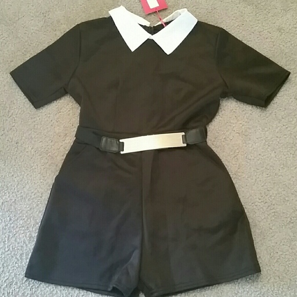 Collared black romper with matching gold tone belt