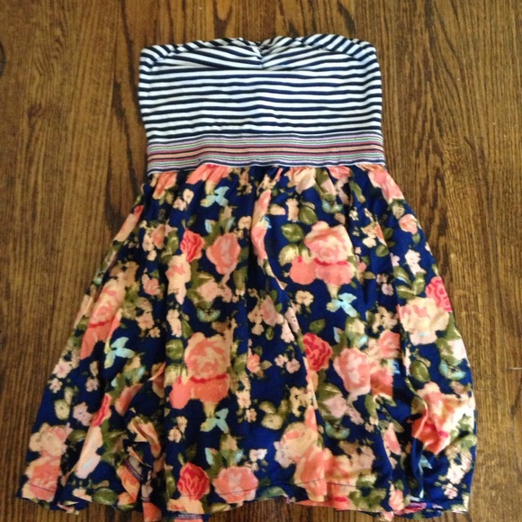 Navy blue stripes and floral sleeveless dress