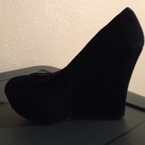Black Faux Suede Platform Wedge Pumps.