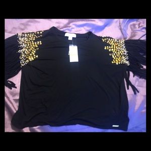 MK Black Fringe Sleeve with Gold Studded Shoulders