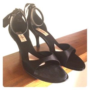 Black Open Toe Rhinestone Ankle Cuff Heels