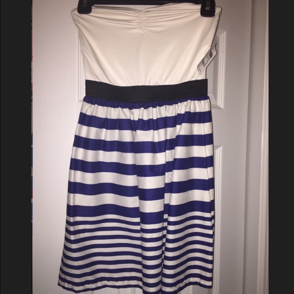 Royal blue and white striped, strapless dress