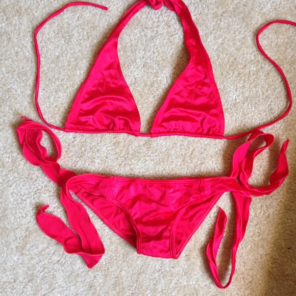 Red halter tie side bikini Brazilian scrunch