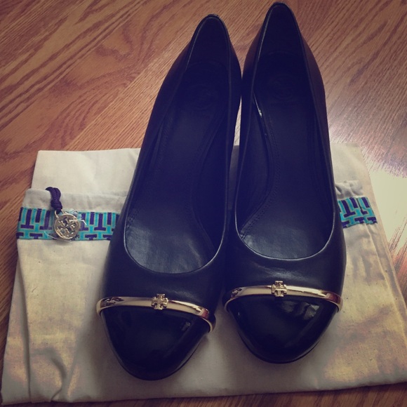 TORY BURCH cap toe logo wedges! VERY STYLISH