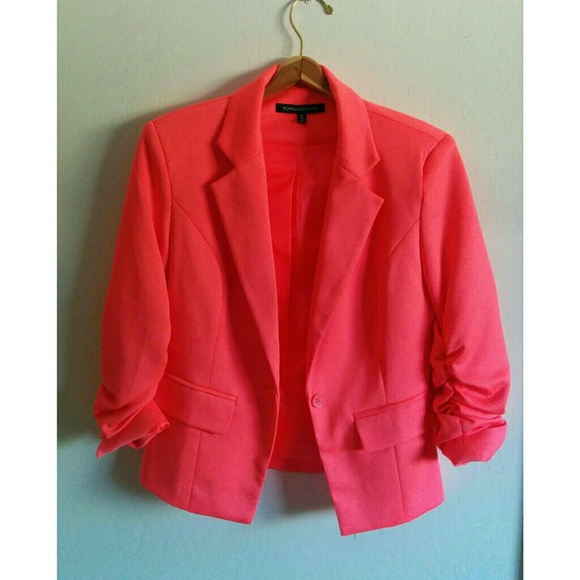 Foreign Exchange Jackets & Blazers - Neon Coral Blazer w/ Ruched Sleeved Detail