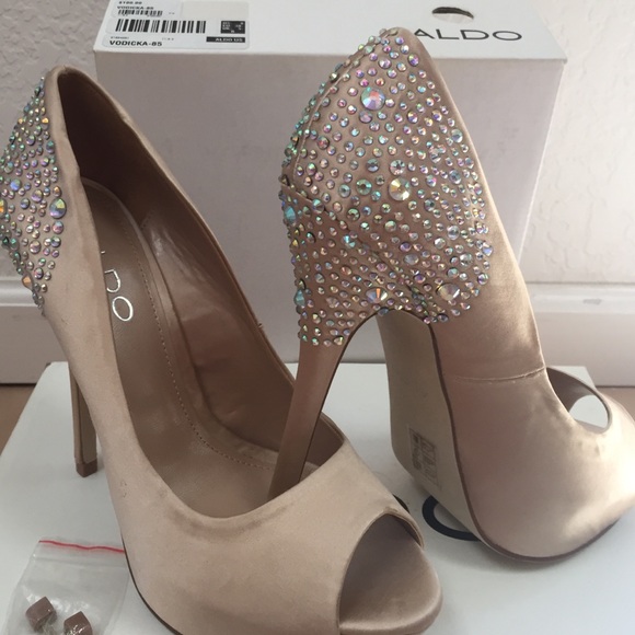 Rhinestone peep-toe satin heels