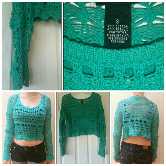 Bright teal crochet cropped sweater